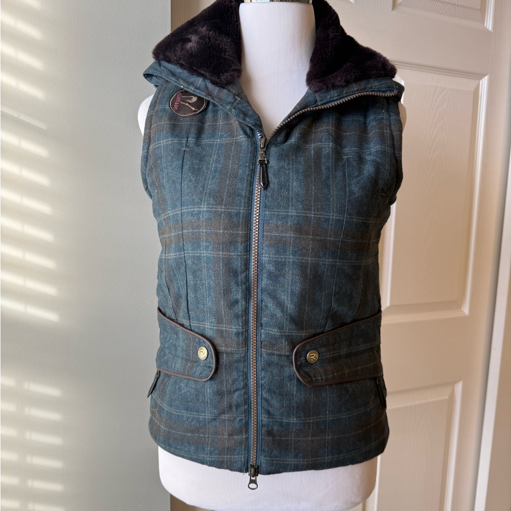 Germesi Equestrian Vest Plaid Faux Fur Collar Green Brown Xsmall